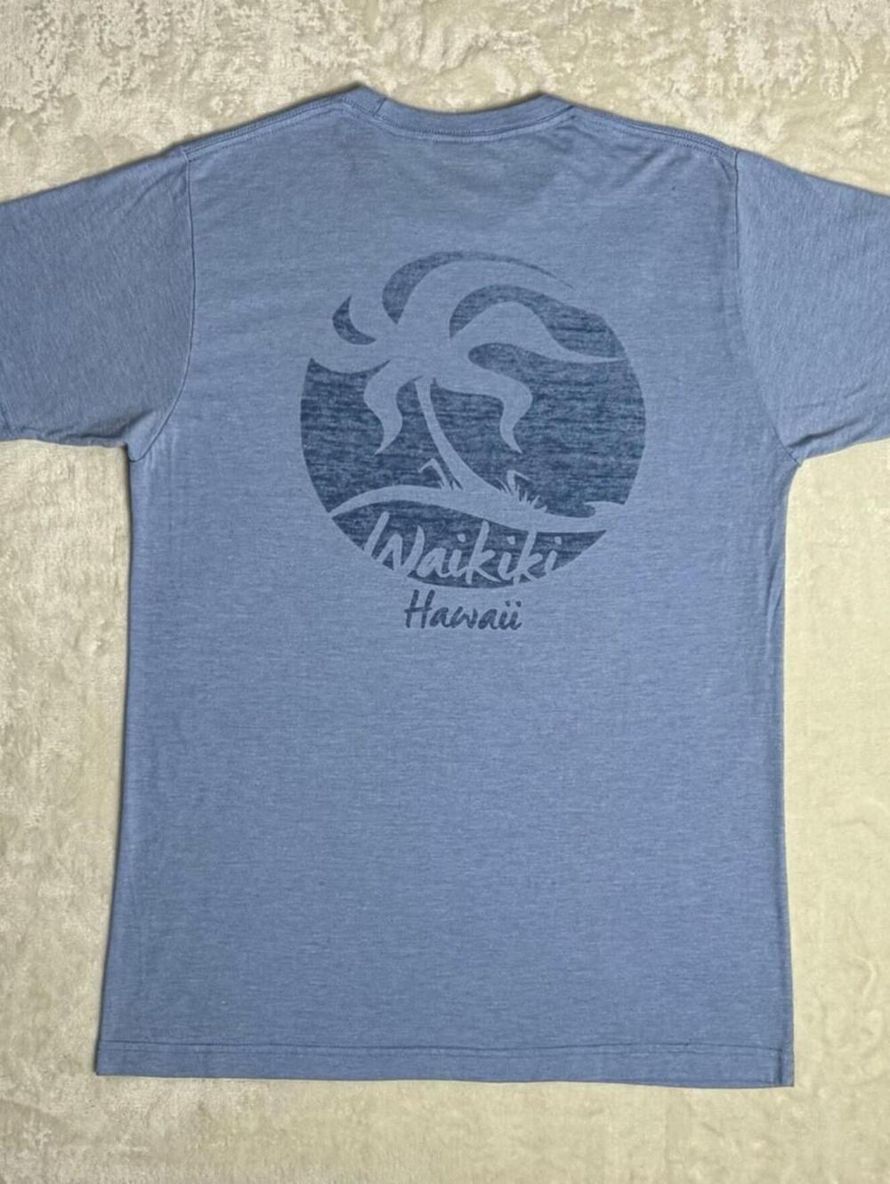 Waikiki Hawaii T-Shirt Mens Medium Blue Heather Graphic Tee Palm Tree Souvenir